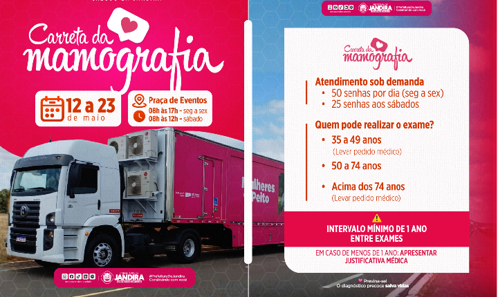 Carreta da Mamografia oferece exames gratuitos em Jandira até o dia 23 de maio