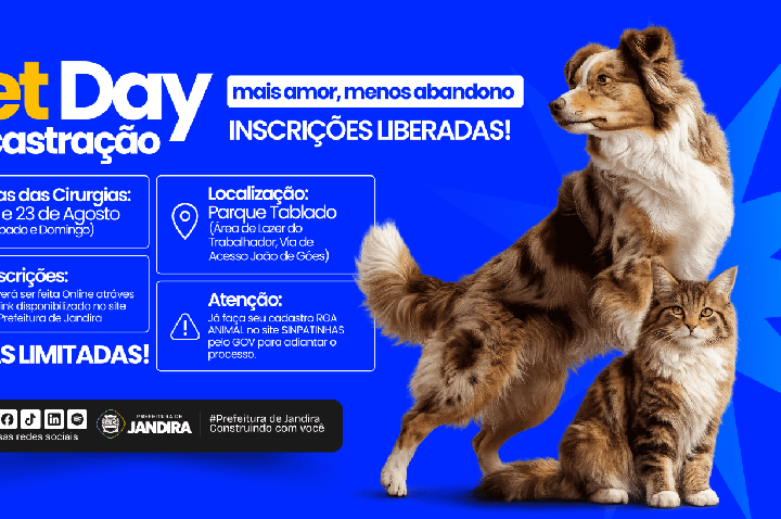 Prefeitura de Jandira abre inscrições para o Pet Day da Castração
