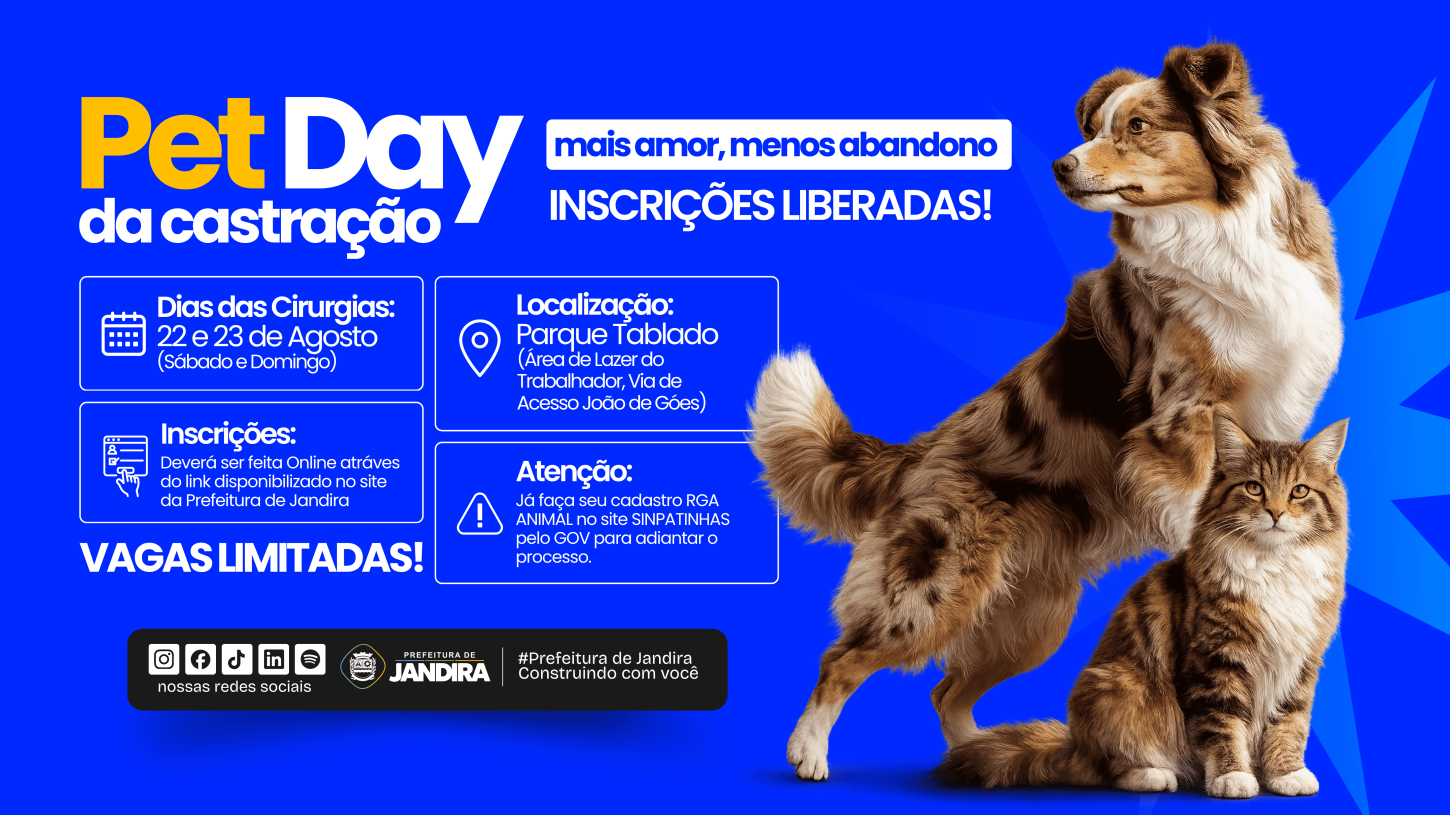Prefeitura de Jandira abre inscrições para o Pet Day da Castração